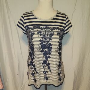 Rewind navy blue and white striped top  lace and embroidered floral overlay M